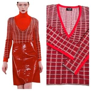 CREATURES OF THE WIND Virgin Wool Red Gradient Plaid V-Neck Runway Sweater S